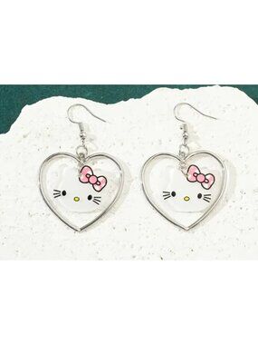 Hello Kitty Heart Dangle Earrings Cute Kawaii Jewelry